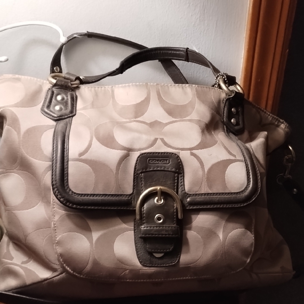 Coach Tan and Brown Signature Shoulder Bag with Front Flap
